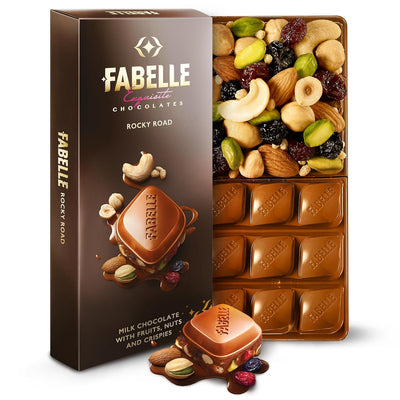 Fabelle Rocky Road -Luxury Handcrafted Milk Chocolate Bar with Dry Fruits, Crunchy Nuts and Crispies,120g, Premium Milk Chocolate Gift, Chocolate Bar